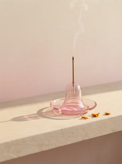 A pink glass bell-shaped incense holder with a single burning incense stick, shown on a textured beige surface against a soft pink background with wisps of smoke rising.