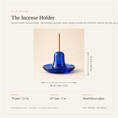 Size guide diagram for the incense holder, showing a hand-blown glass incense holder with a stick inserted, along with dimensions for height, diameter, and material information on a beige background.