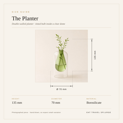 Size guide graphic for 'The Planter', a double-walled planter with a tinted glass bulb inside a clear borosilicate dome, showing dimensions of 135 mm height and 70 mm diameter with a green plant inside.