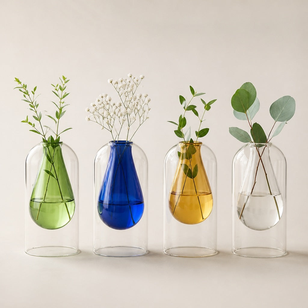 Four clear glass cloche-style vases with teardrop-shaped centers in green, blue, amber yellow, and clear glass, each holding different green plants, arranged in a row against a warm beige background.