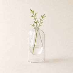 A clear glass vase with a rounded, bell-shaped top and a narrow neck, holding a single green leafy stem against a warm off-white background.