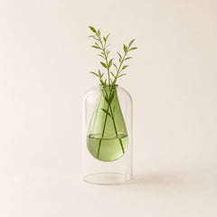 A clear glass vase with a green teardrop-shaped inner chamber holding water and green stems, centered on a warm off-white background.